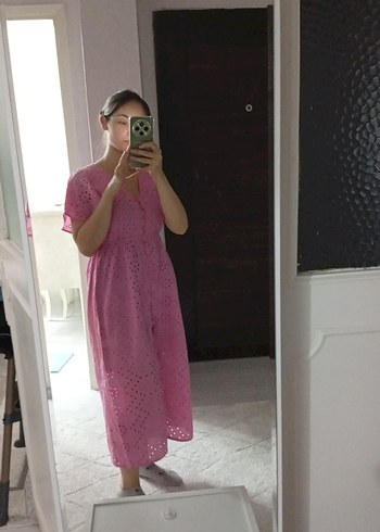 34 Beden Pembe Nakışlı Düğmeli Midi Kadın Elbise