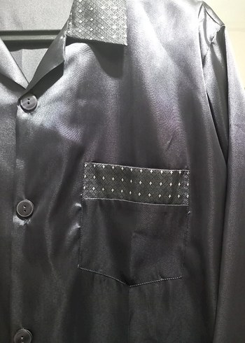 Düğmeli Siyah Parlak Erkek Pijama Üstü - Görsel 5