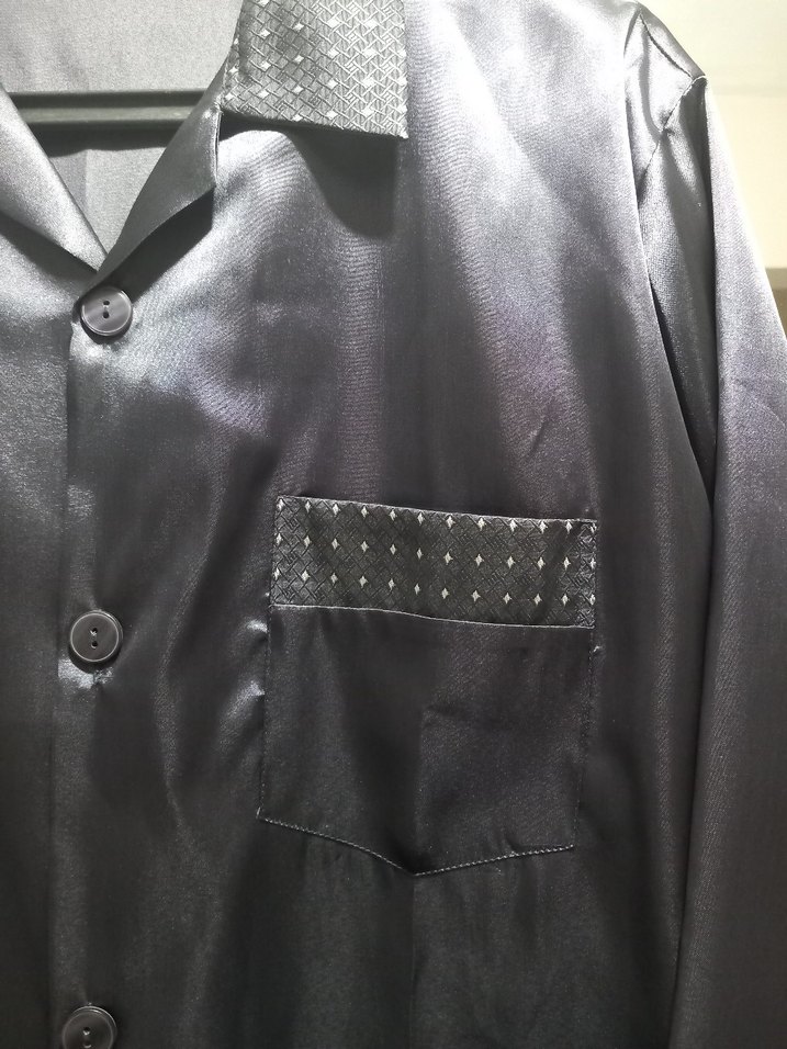 Düğmeli Siyah Parlak Erkek Pijama Üstü - Görsel 5