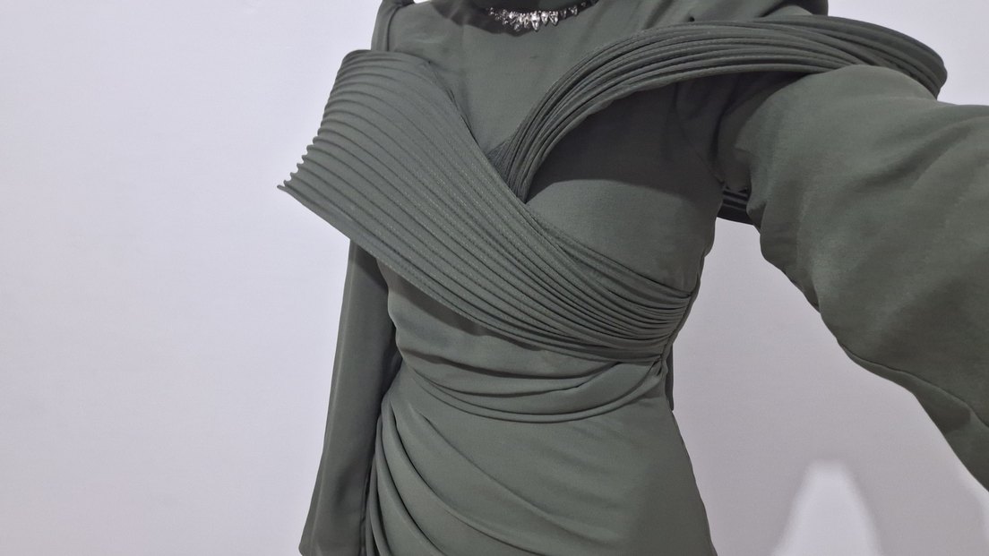 Kadın Haki Uzun Drapeli Elbise - Görsel 5