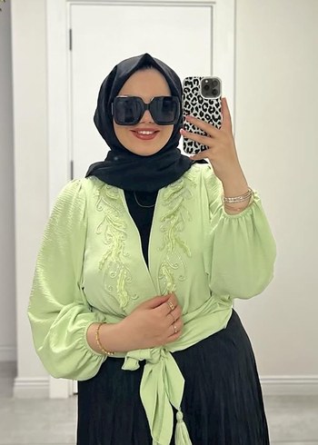 Nakışlı Uzun Yeşil Bohem Tunik