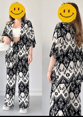 Diger Bohem Siyah Beyaz Uzun Kimono