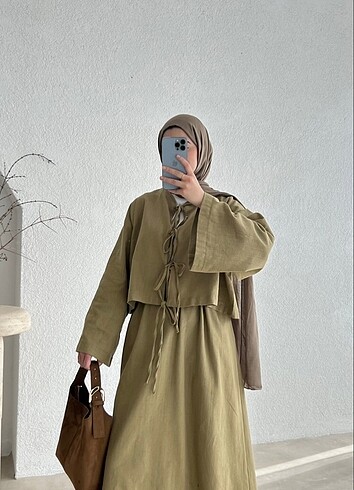Diğer Modaaksa bej keten crop etekli takım