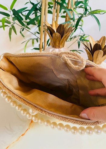 Boncuklu Bej Örgü Bohem Kadın Çanta - Görsel 3