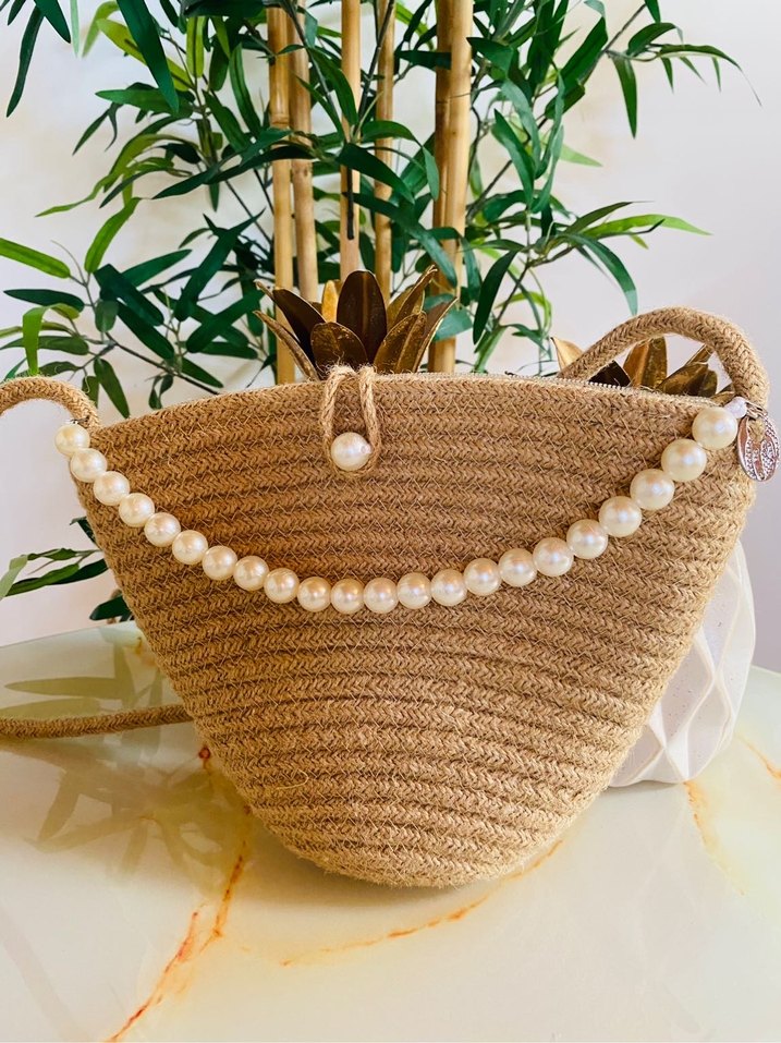 Boncuklu Bej Örgü Bohem Kadın Çanta - Görsel 2