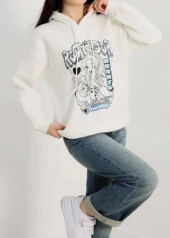 Beyaz Baskılı Kadın Sweatshirt - Görsel 2