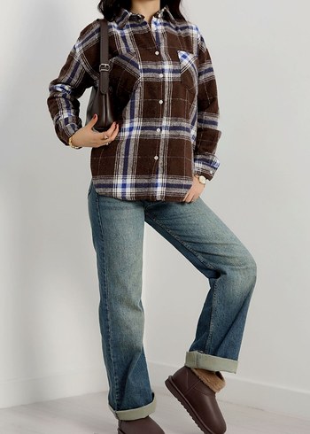 Gevşek Kesim, Uzun Kollu Kareli Denim Gömlek - Görsel 2