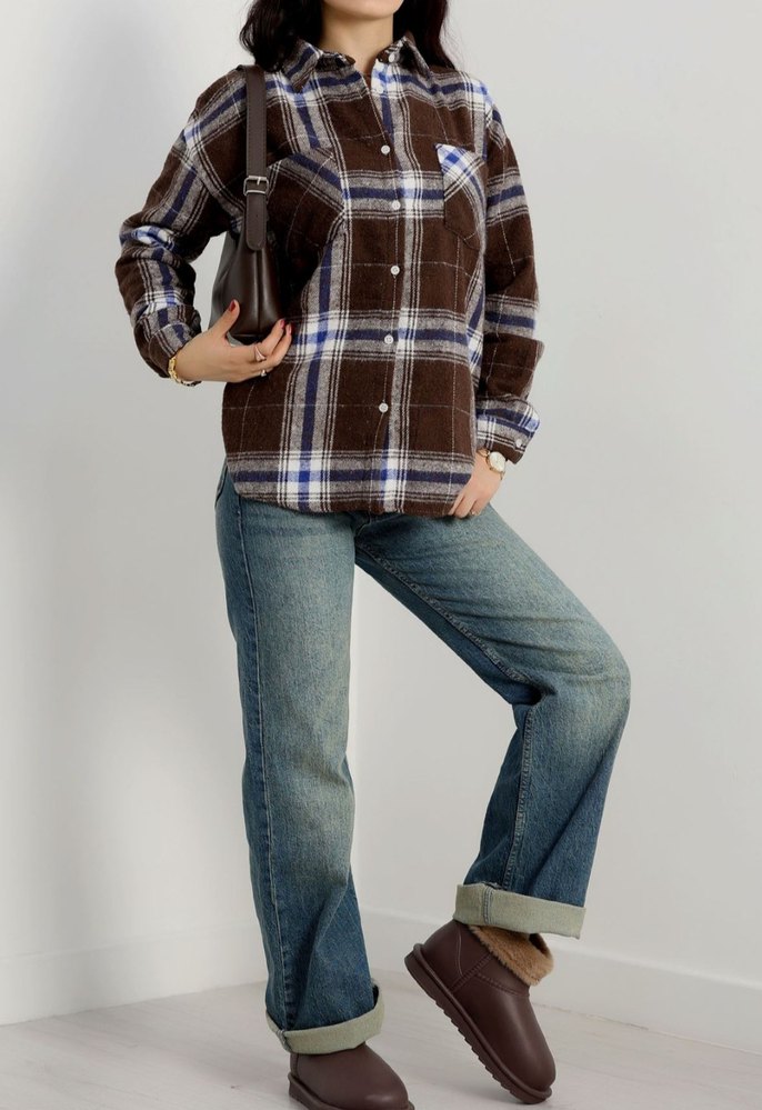 Gevşek Kesim, Uzun Kollu Kareli Denim Gömlek - Görsel 2
