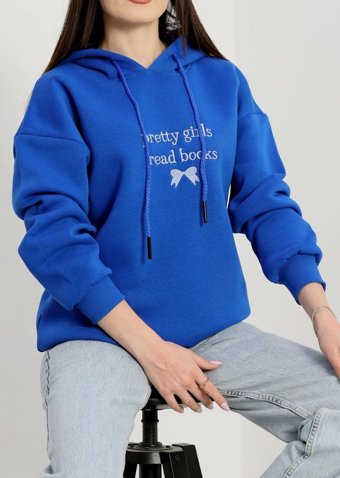 Rahat Kesim Mavi Kapüşonlu Sweatshirt - Görsel 2