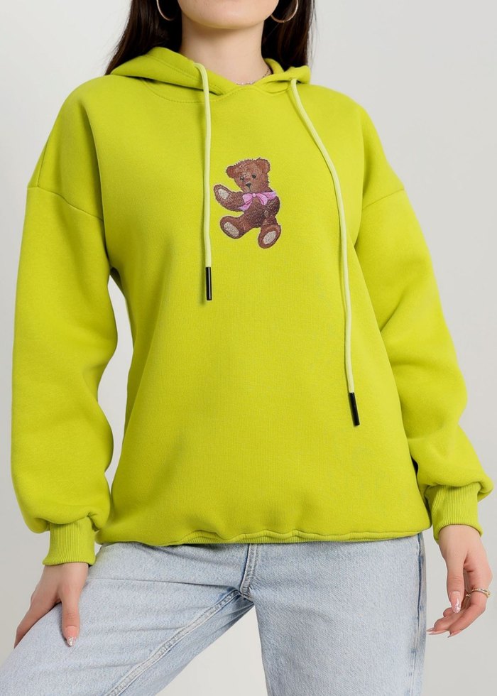 Nakışlı Yeşil Kapüşonlu Oversize Sweatshirt - Görsel 2