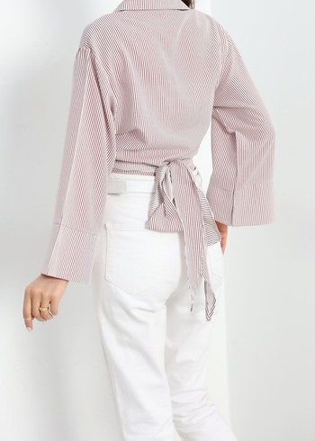 Bej Çizgili Pamuklu Kadın Gömlek - Görsel 2