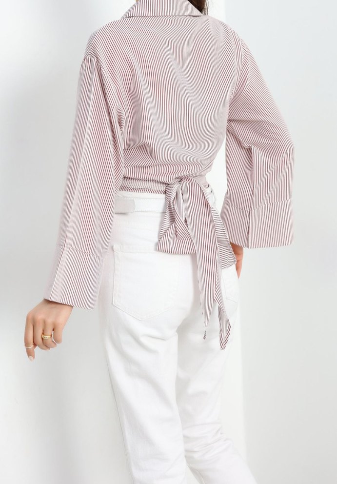 Bej Çizgili Pamuklu Kadın Gömlek - Görsel 2