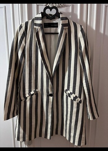 s Beden Kadın Gri Çizgili Midi Blazer Ceket