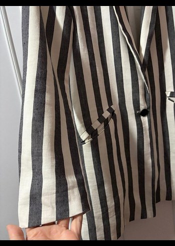 s Beden gri Renk Kadın Gri Çizgili Midi Blazer Ceket