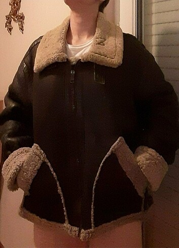 Shearling Detaylı Biker Model Deri Mont