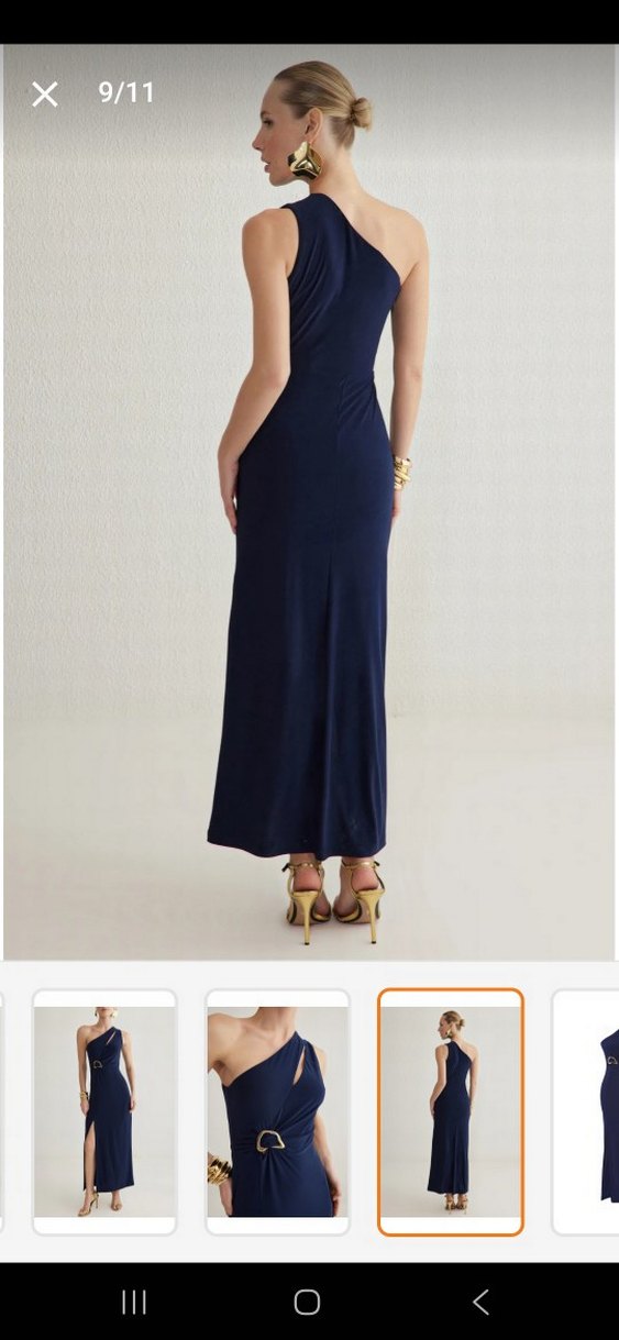 Lacivert Tek Omuzlu Uzun Abiye Elbise - Görsel 4