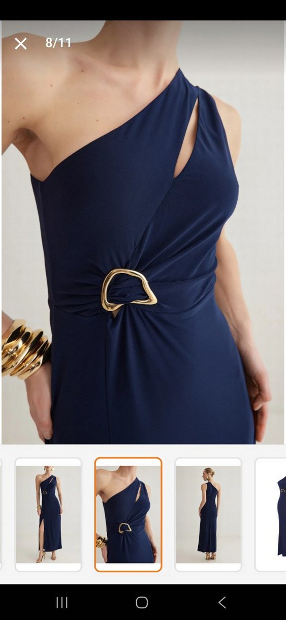 Lacivert Tek Omuzlu Uzun Abiye Elbise - Görsel 5