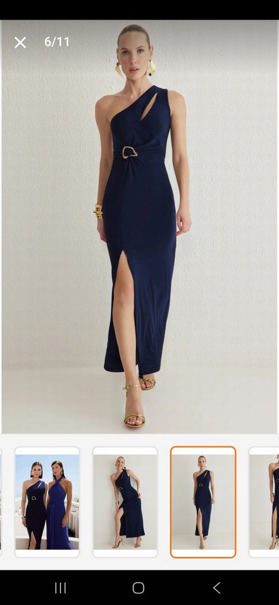 Lacivert Tek Omuzlu Uzun Abiye Elbise - Görsel 3