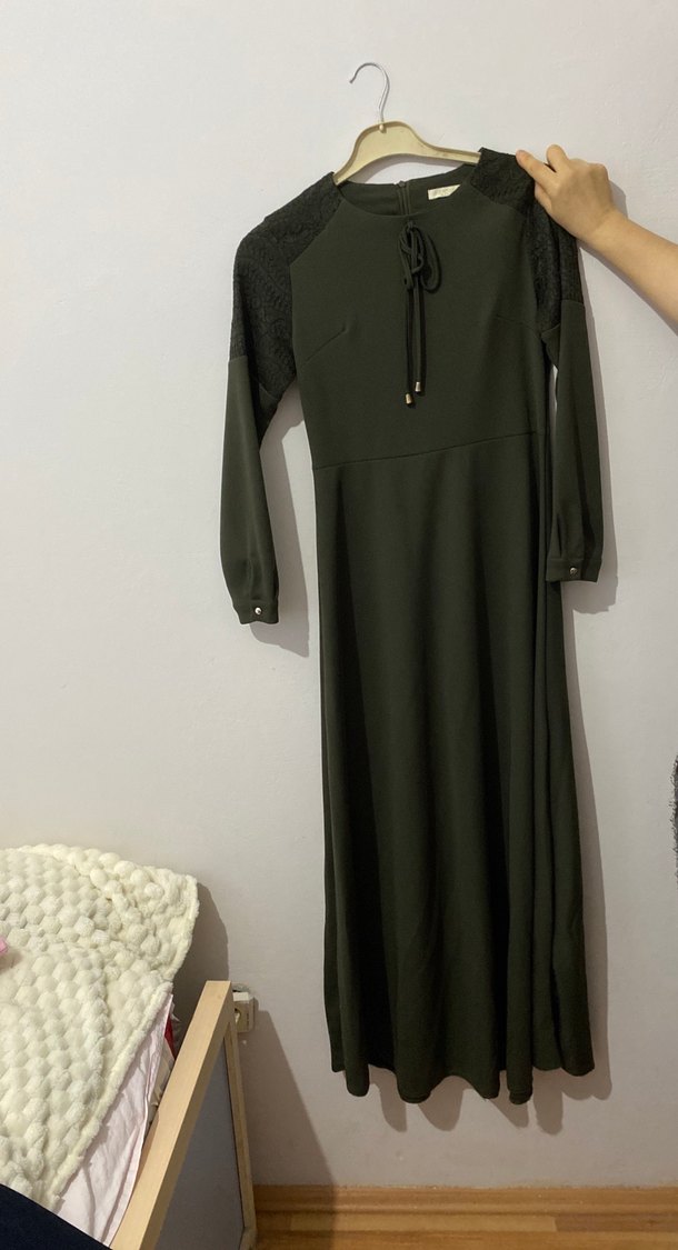 Kadın Haki Uzun Kollu Uzun Elbise - Görsel 2