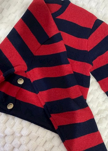 Düğmeli Kırmızı Siyah Çizgili Triko Hırka - Görsel 2