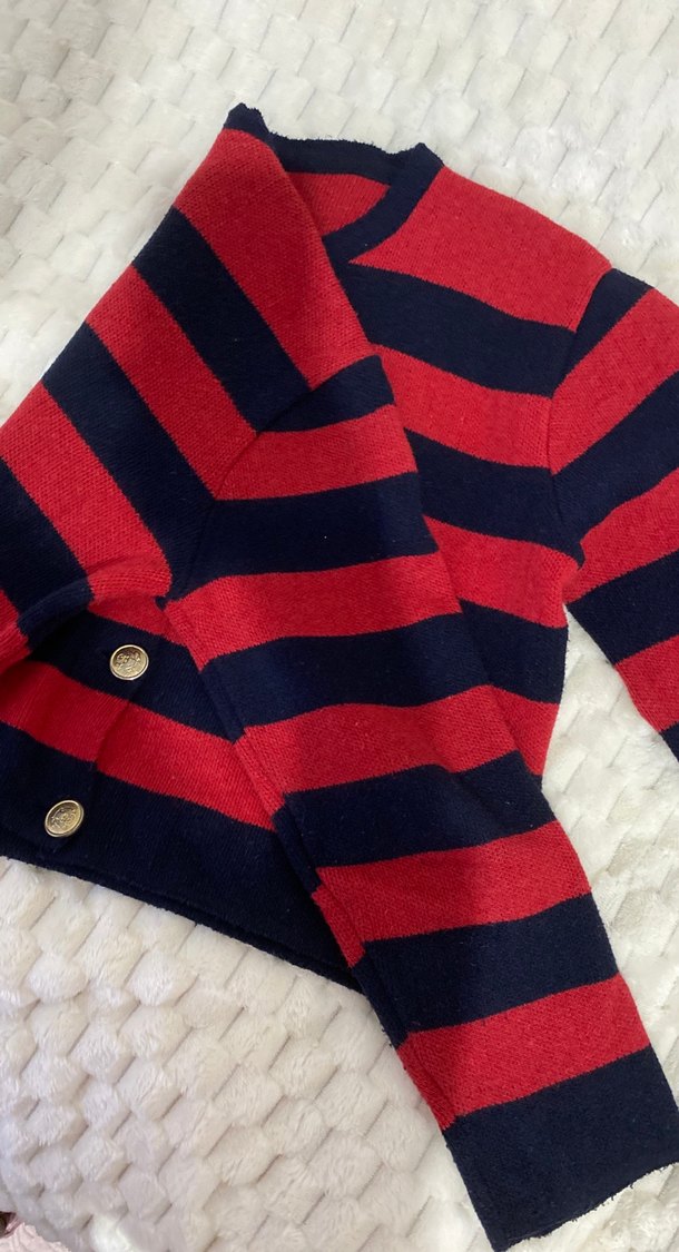 Düğmeli Kırmızı Siyah Çizgili Triko Hırka - Görsel 2