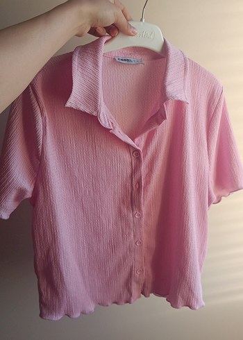 Pembe Kısa Kollu Düğmeli Keten Gömlek