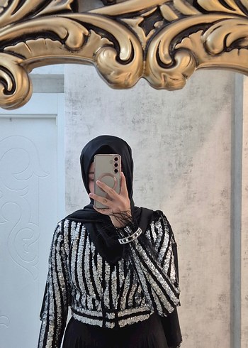 Siyah Payetli Zebra Desenli Uzun Elbise - Görsel 2