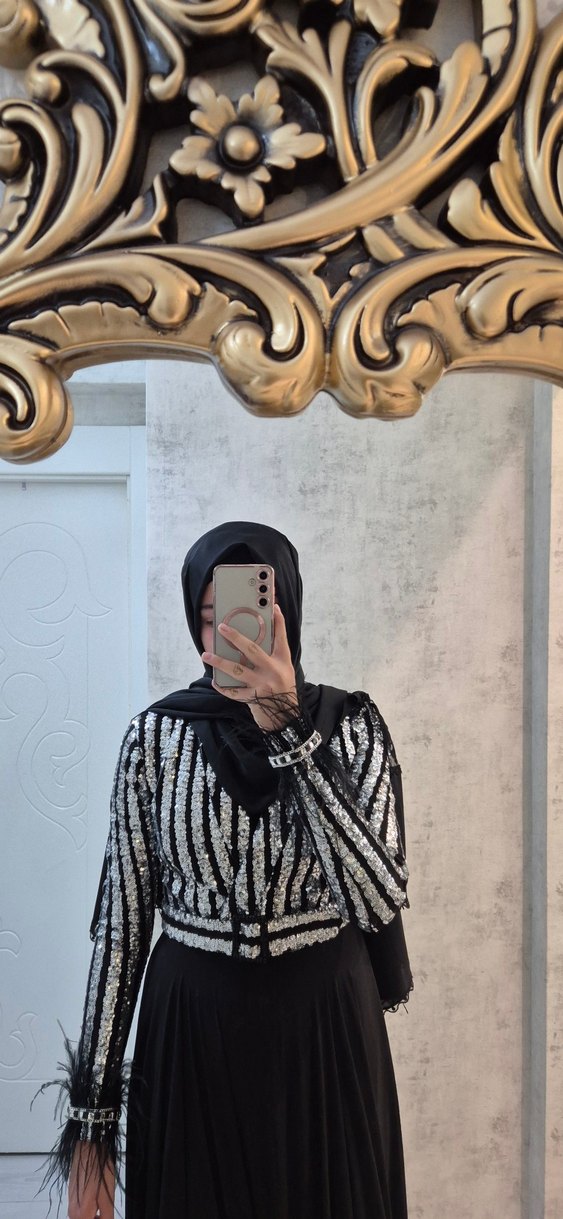 Siyah Payetli Zebra Desenli Uzun Elbise - Görsel 2