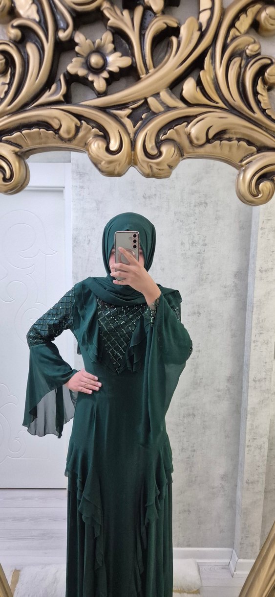 Yeşil Nakışlı Uzun Bohem Elbise - Görsel 2