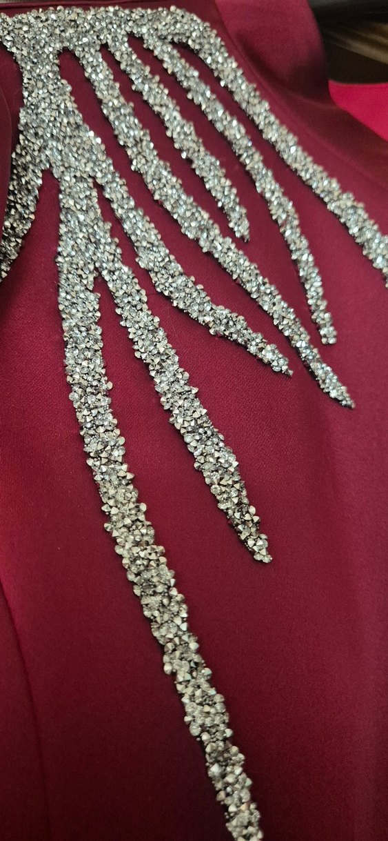 Bordo Uzun Kollu Drapeli Abiye Elbise - Görsel 2