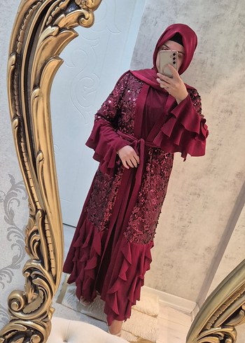 Abaya Bordo  Payetli Uzun Kollu Fırfırlı Bohem Elbise - Görsel 3