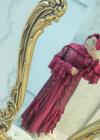 Abaya Bordo  Payetli Uzun Kollu Fırfırlı Bohem Elbise - Görsel 4