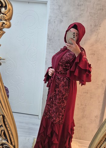 Abaya Bordo  Payetli Uzun Kollu Fırfırlı Bohem Elbise - Görsel 2