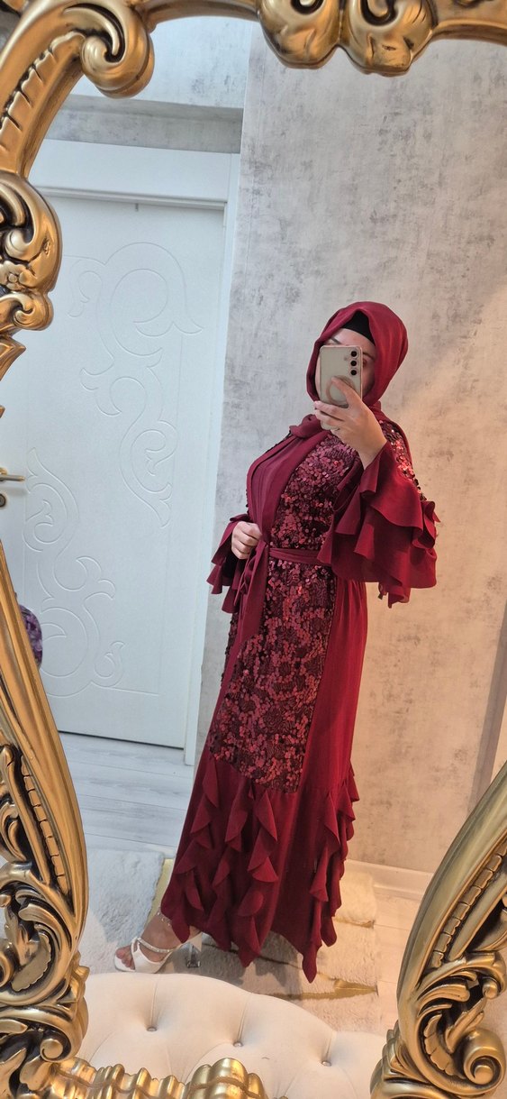 Abaya Bordo  Payetli Uzun Kollu Fırfırlı Bohem Elbise - Görsel 2