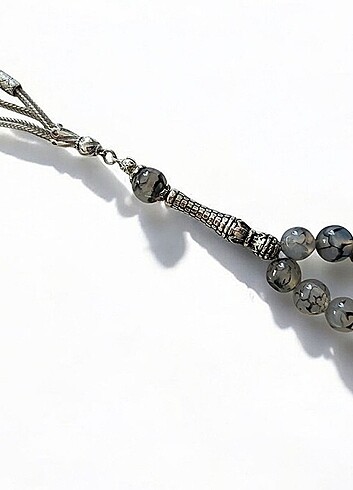 1.sinif dogal siyah damarli beyaz akik el yapimi tesbih 60 gr - Görsel 3