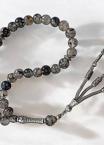 1.sinif dogal siyah damarli beyaz akik el yapimi tesbih 60 gr - Görsel 4