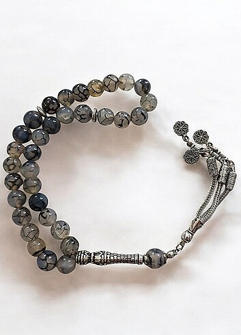 1.sinif dogal siyah damarli beyaz akik el yapimi tesbih 60 gr - Görsel 2