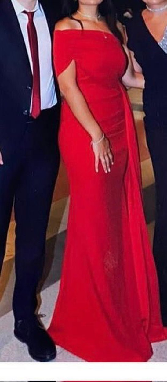 Kırmızı Drapeli Uzun Abiye Elbise - Görsel 3