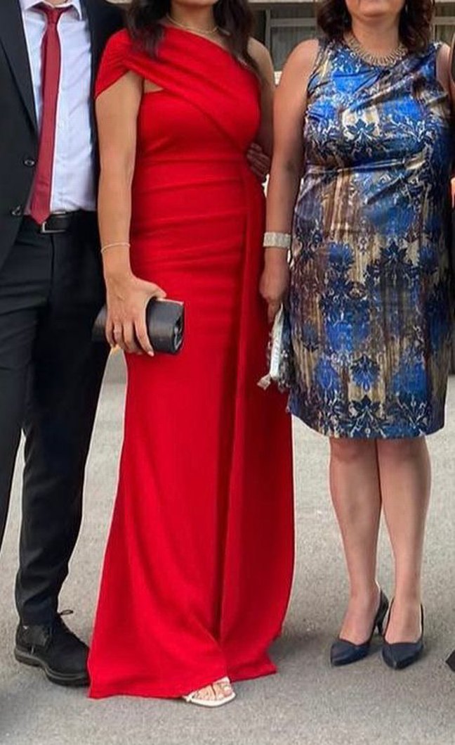 Kırmızı Drapeli Uzun Abiye Elbise - Görsel 2