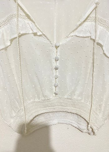 Düğmeli Beyaz V Yaka Bohem Keten Bluz - Görsel 3