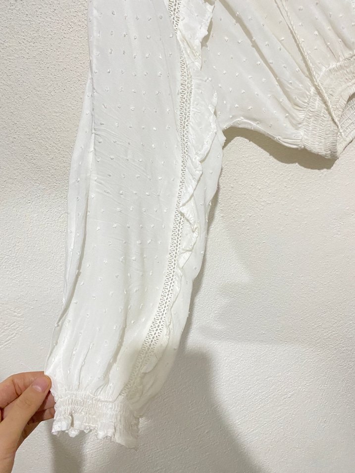 Düğmeli Beyaz V Yaka Bohem Keten Bluz - Görsel 5