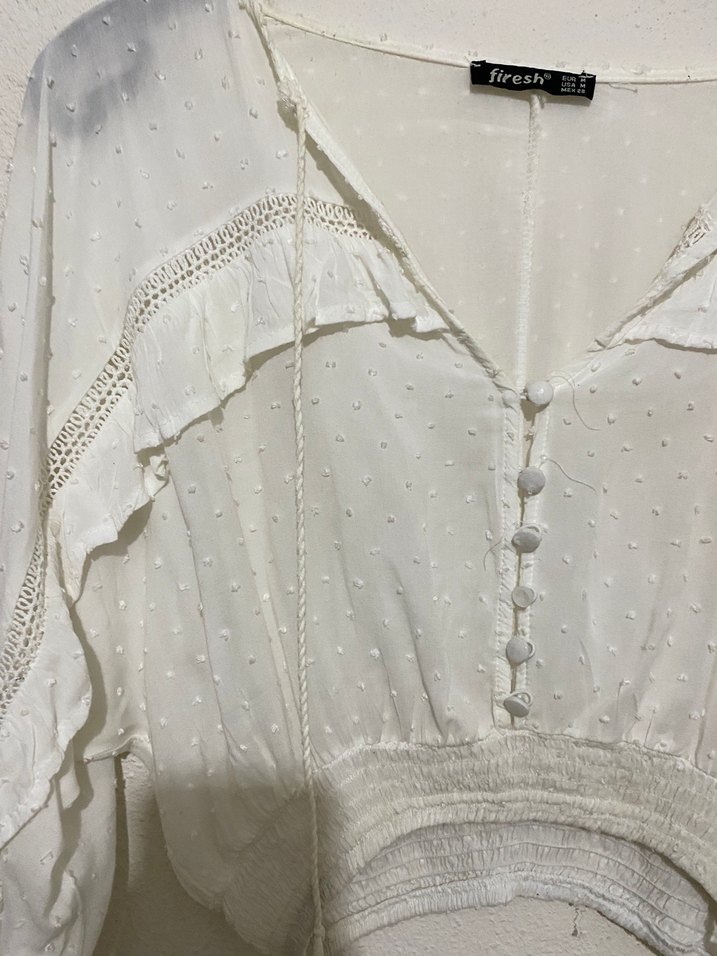 Düğmeli Beyaz V Yaka Bohem Keten Bluz - Görsel 2