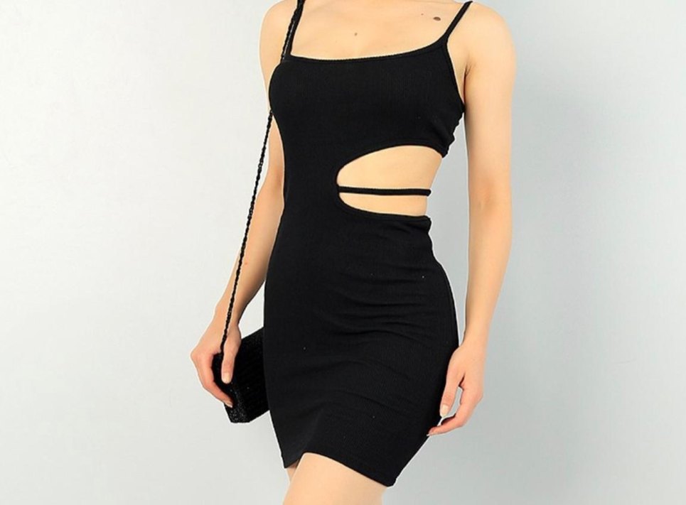 Siyah Mini Strappy Elbise - Görsel 3