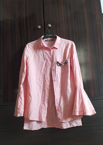 Pembe Düğmeli Uzun Kollu Keten Gömlek