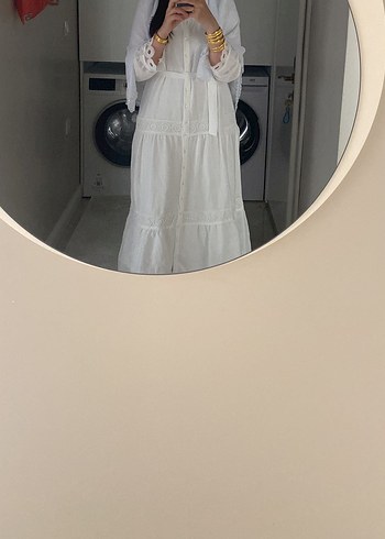 Beyaz Kemerli Uzun Keten Elbise - Görsel 6