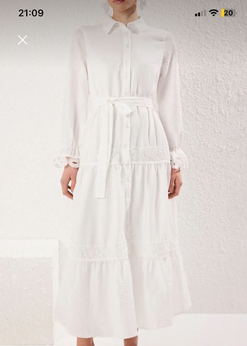 Beyaz Kemerli Uzun Keten Elbise - Görsel 3