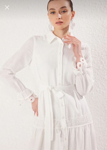 Beyaz Kemerli Uzun Keten Elbise - Görsel 2