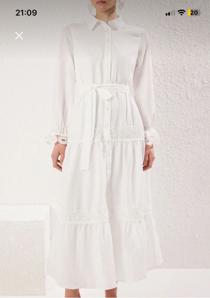 Beyaz Kemerli Uzun Keten Elbise - Görsel 3