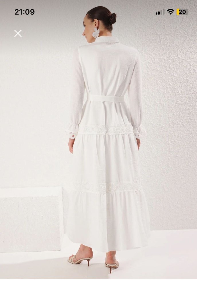 Beyaz Kemerli Uzun Keten Elbise - Görsel 5