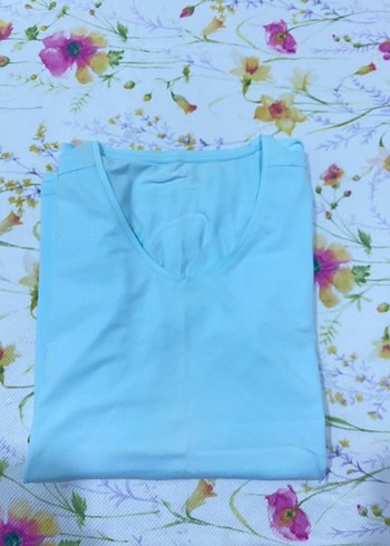 Koton unisex Mavi V Yaka Kısa Kollu Pamuk Tişört - Görsel 4